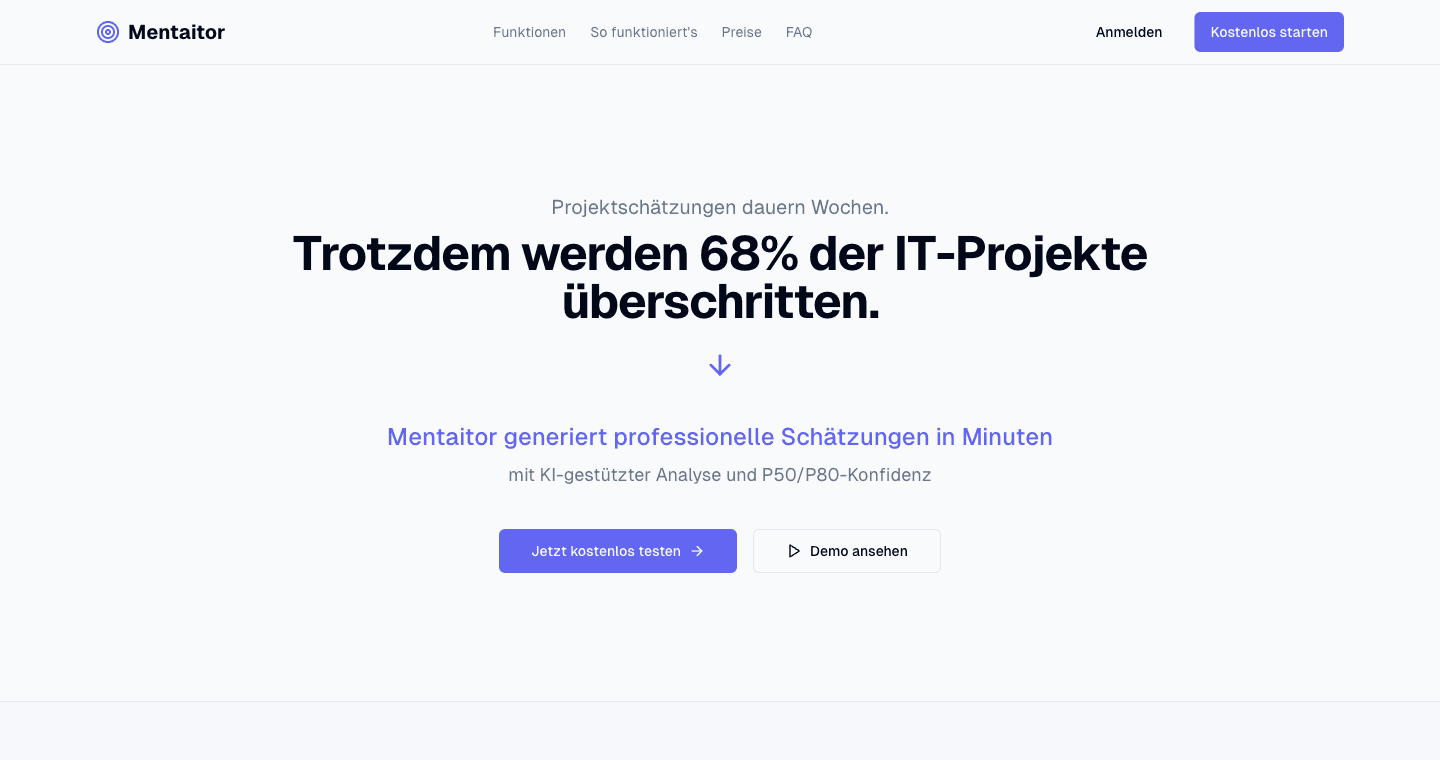 Screenshot der mentaitor-Startseite: KI-gestützte Projektschätzung mit P50/P80-Konfidenz in Minuten